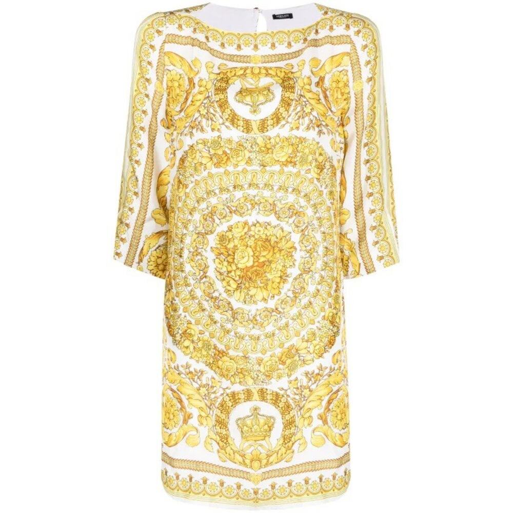 Versace Barocco Print Blouse Womens IT 38 White Gold Short Sleeve Relaxed